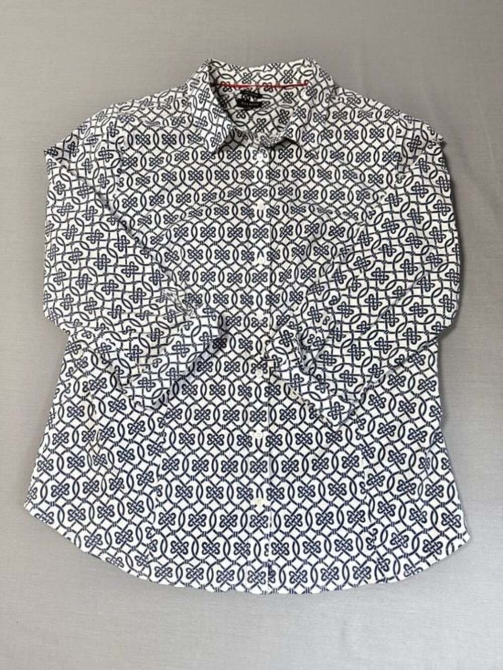 Talbots Wrinkle Resistant Blouse 3/4 Sleeve Navy White Geometric Print Sz 16